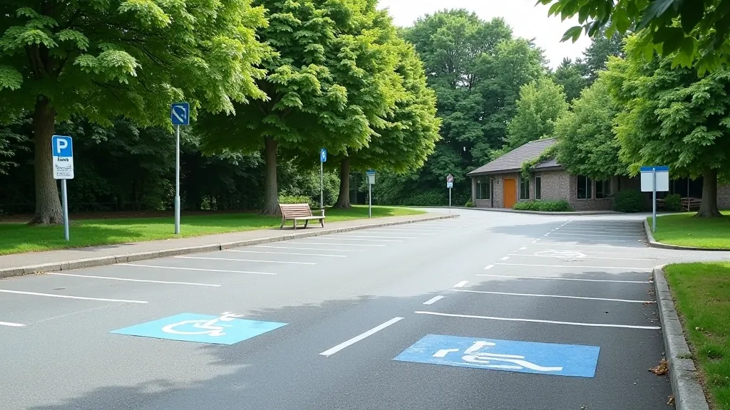 Parking area entrance with accessible facilities sign and paved walkway to Wicklow National Park visitor center