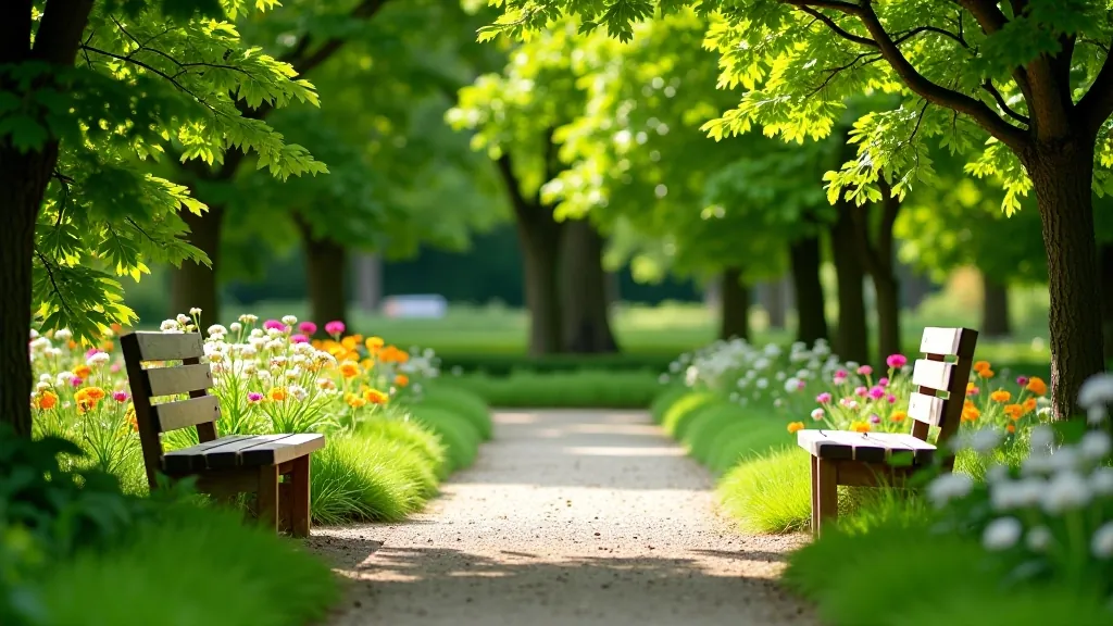 Comfortable wooden benches positioned throughout garden grounds near flower beds