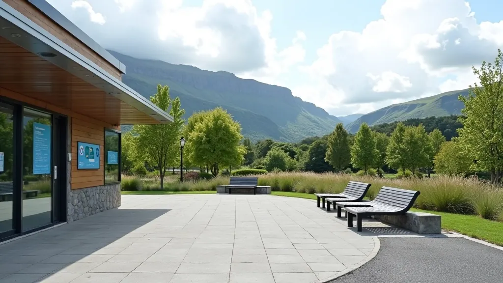 Visitor center building with accessible parking, clear signage, modern facilities, beautiful mountain backdrop
