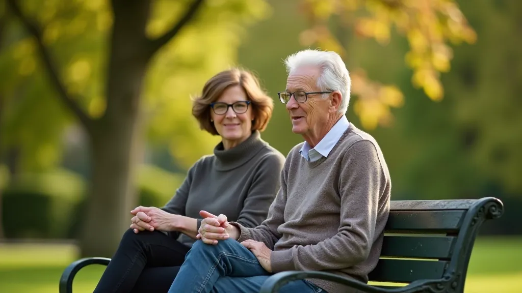Senior visitors relaxing on garden benches, enjoying peaceful outdoor setting