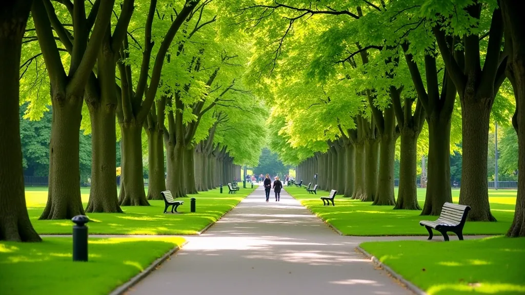 Phoenix Park Dublin showing wide tree-lined pathways with benches and green lawns, accessible walking routes