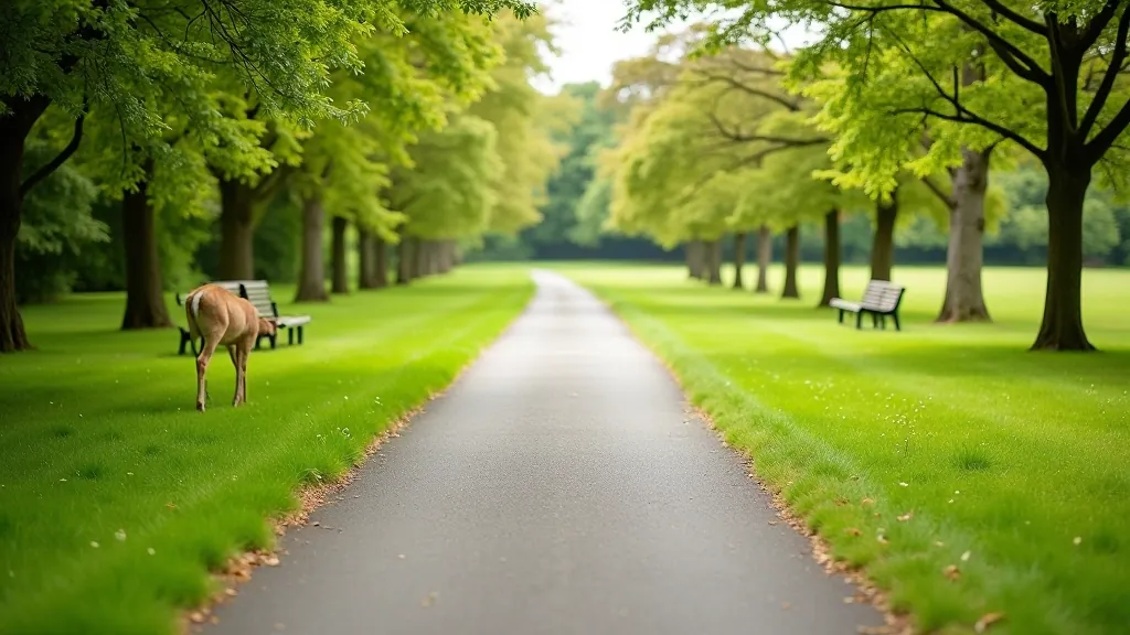 Wide paved pathway through Phoenix Park with deer grazing peacefully on grassy areas, park benches visible in distance